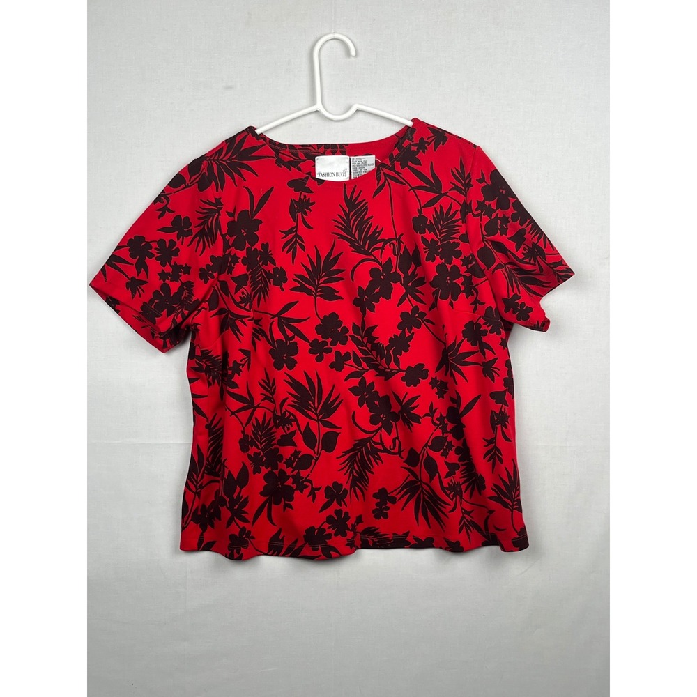 Fashion Bug Tropical Floral Knit Top Womens 14/16 Short Sleeve Red Black Q6-L674
